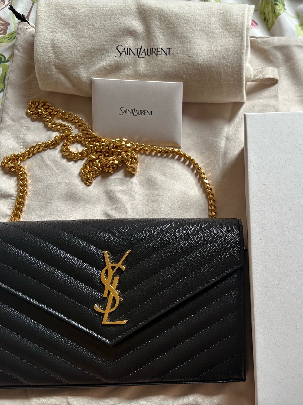 Saint Laurent Black Quilted Leather Crossbody with Gold YSL Chain